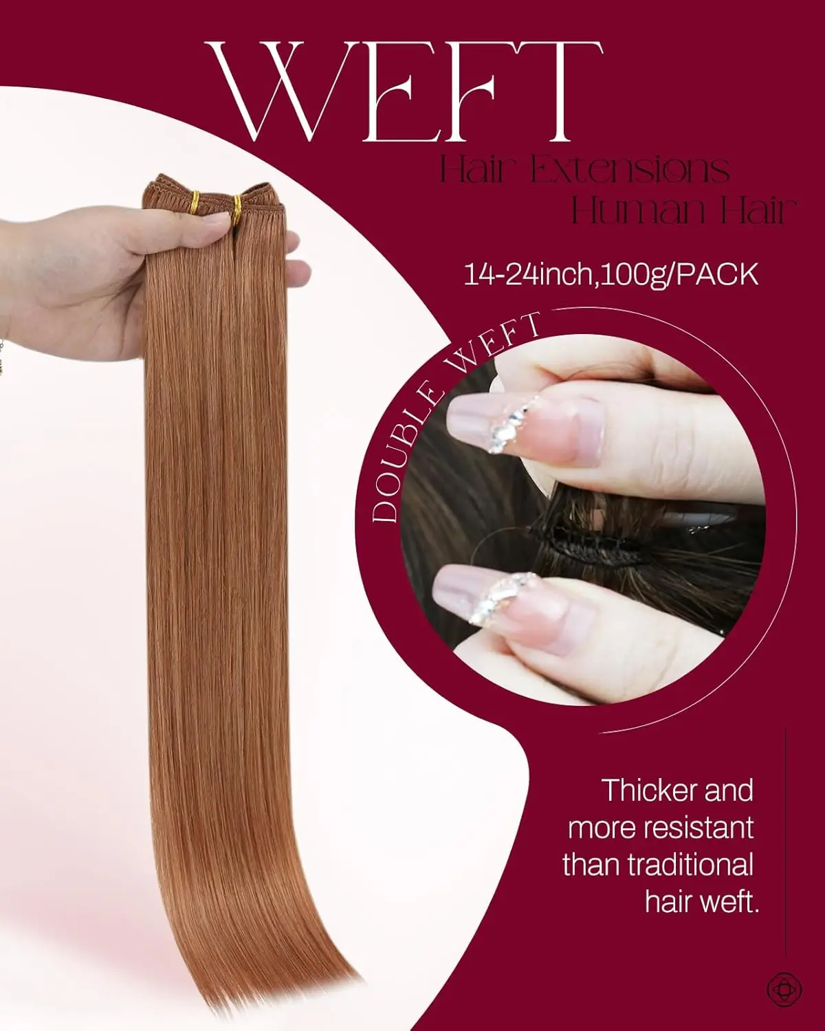 Moresoo Sew in Extensions Human Hair Auburn Remy Weft Human Hair Double Weft Extensions Sew in for Women Add Volume and Length
