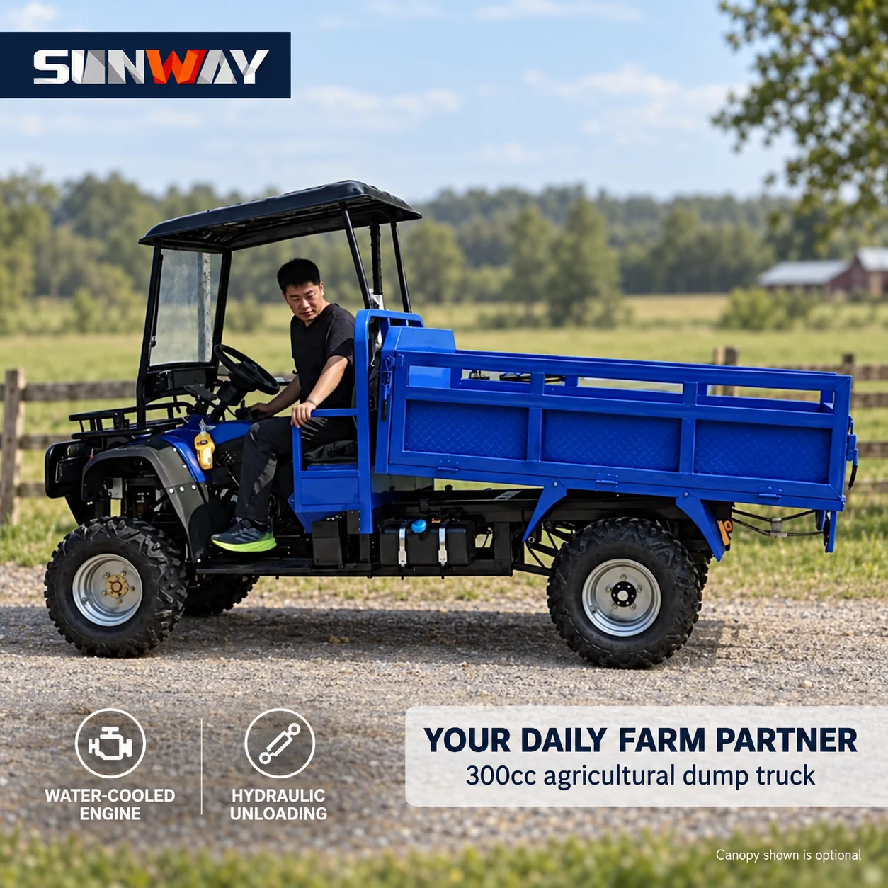 Farm Utility Dump Truck with Hydraulic Cargo Bed Loncin 300cc Water Cooled Engine for Agricultural Transport
