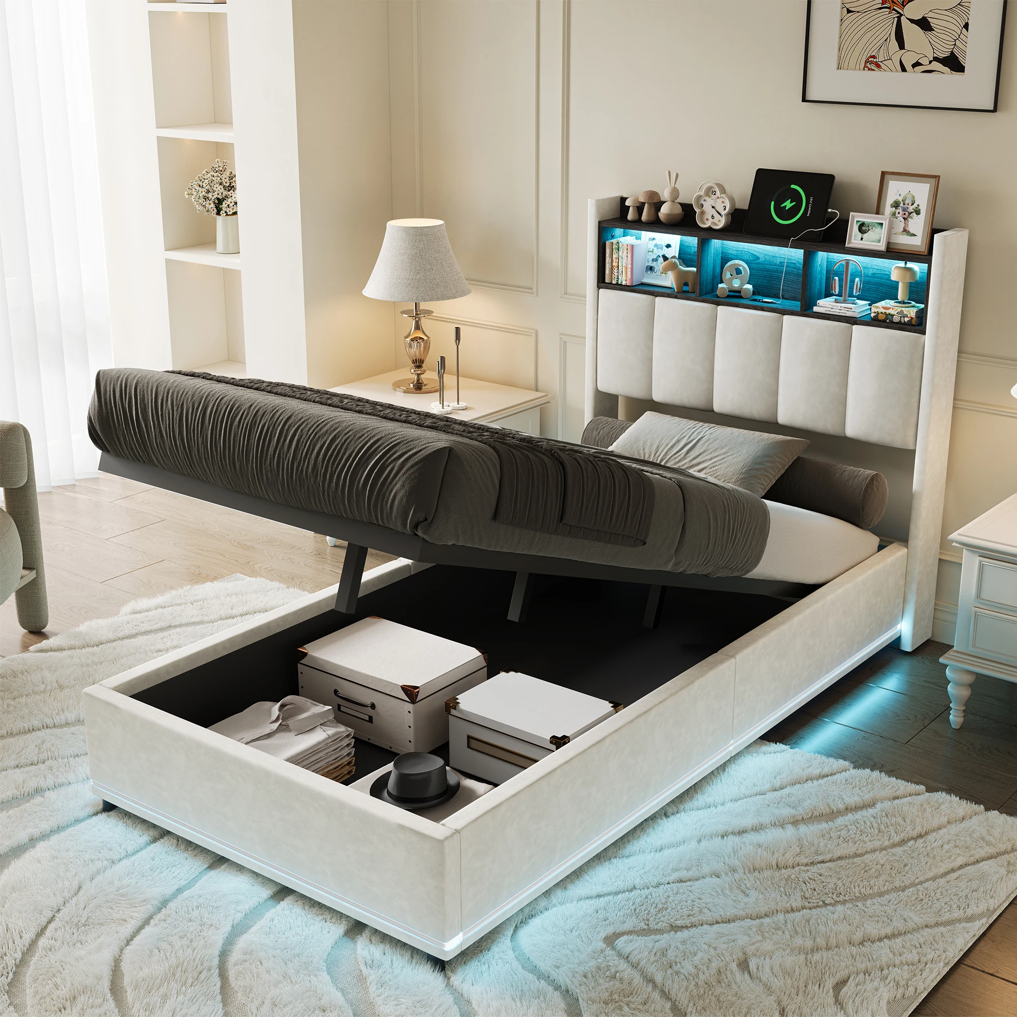 Lit Coffre Enfant 90x200 avec Rangement Lit 1 Place avec LED et USB Lit Simple Rembourré avec à Sommier à Lattes sans Matelas