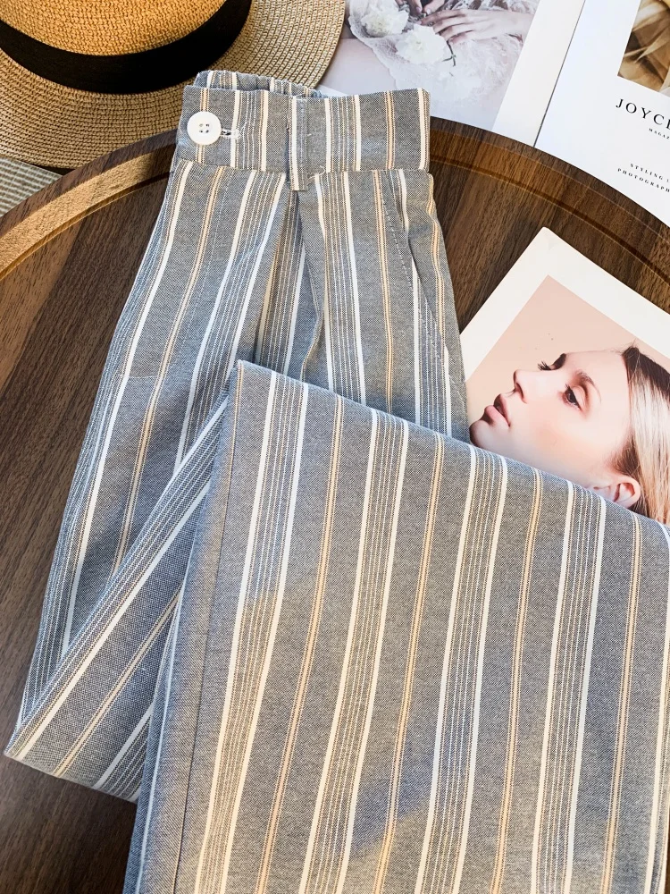 Pantalon à jambes larges à rayures grises pour femmes, nouvelle collection automne 2023, Chic coréen, bureau, fille, taille haute, tombant, pantalons décontractés