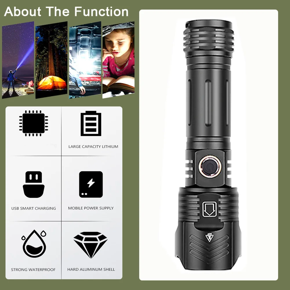 10000000LM High Power LED Flashlights With zoom XHP330 Super Bright Outdoor Long Shot Tactical Flashlight Emergency Power Bank