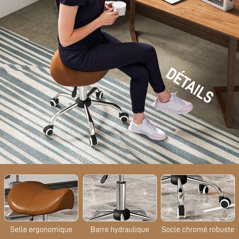 Tabouret à roulettes, chaise de travail avec hauteur réglable 49-61 cm et selle ergonomique, 52x53x49-61cm, marron