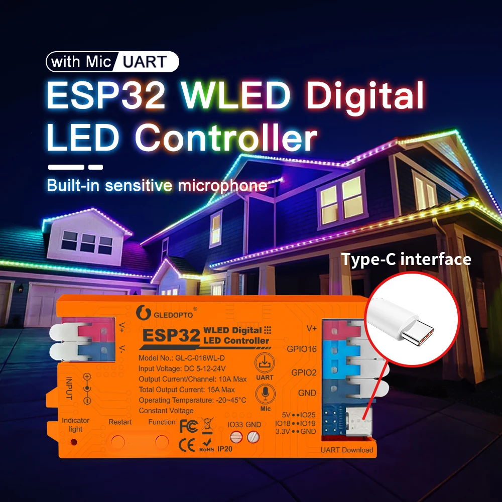 GLEDOPTO ESP32 WLED LED Controller Built in Microphone DIY Dynamic Mode UART Type-C Download Easy Wiring App Control Alexa Voice