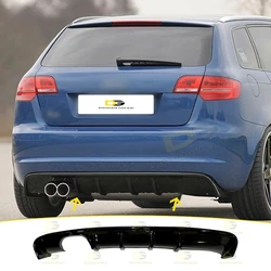 A3 8P 2003 - 2012 Rieger Style Rear Diffuser Splitter Lip Spoiler Left Double Exhaust Outputs Piano Gloss Black Plastic S3 RS3