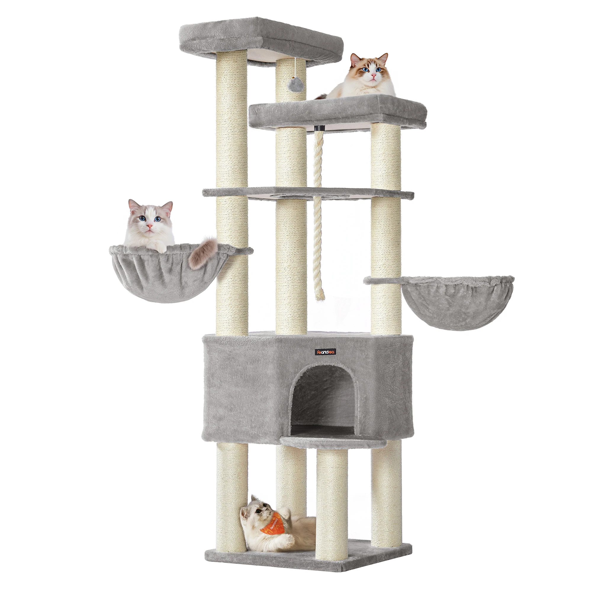 Feandrea krabpaal, kattenboom met meerdere verdiepingen, XXL, 55x55x186,7 cm, 11 cm D-dikte sisal trunks