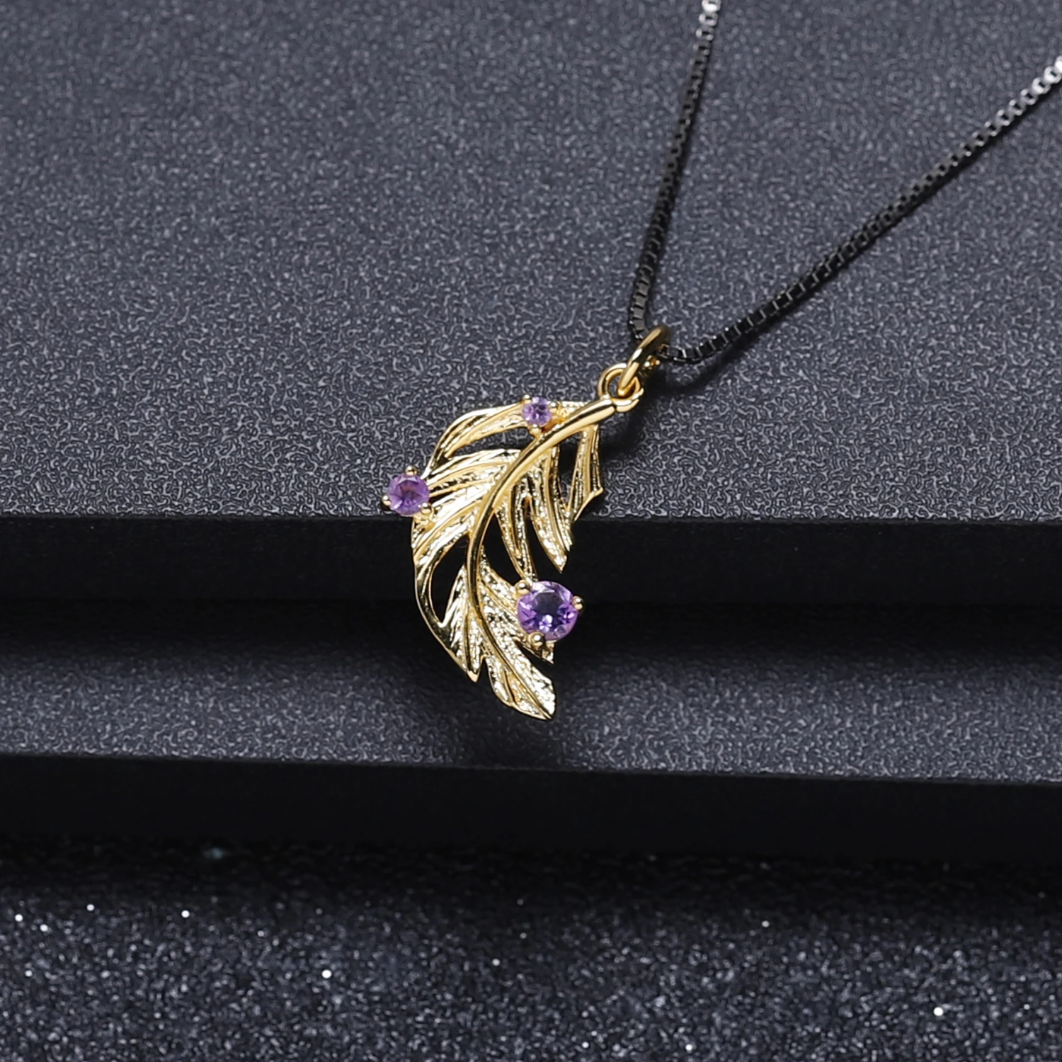 GEM'S BEAUTY Golden Feather Vintage Pendant 925 Sterling Silver Sweater Chain Necklaces Natural Amethyst Fine Jewelry for Women