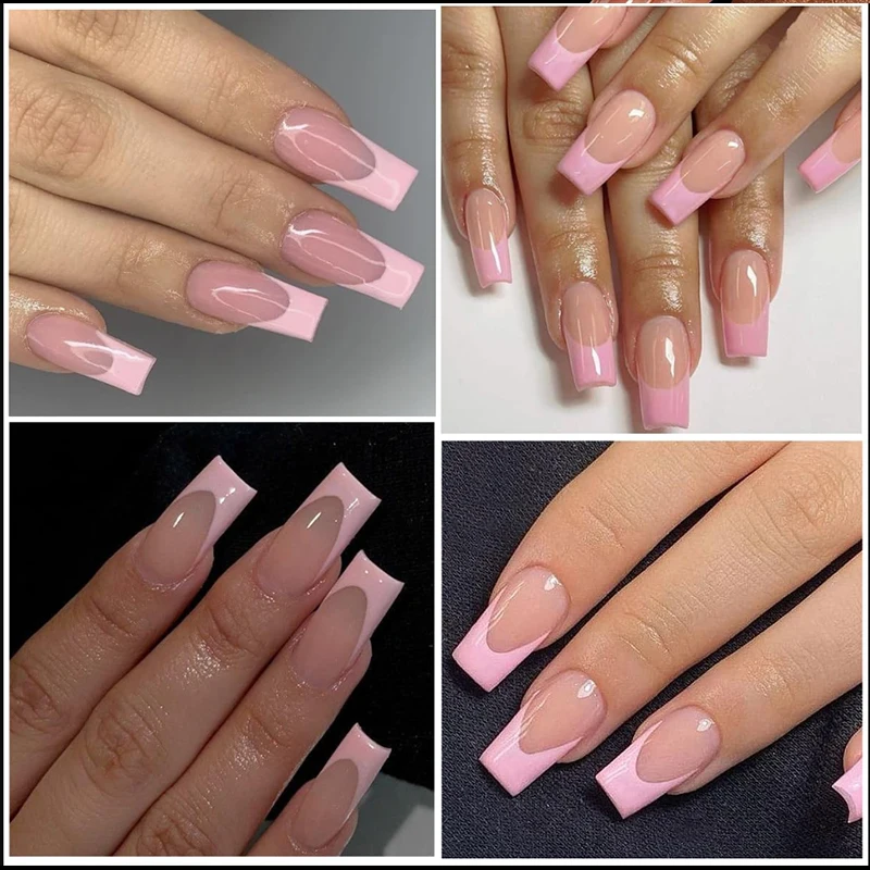 120Pc-Rose Red French Tip Press on Nails Long Coffin Fake Nails Nude Glossy Pink Square Fałszywe paznokcie akrylowe wielokrotnego użytku Ballet Nail