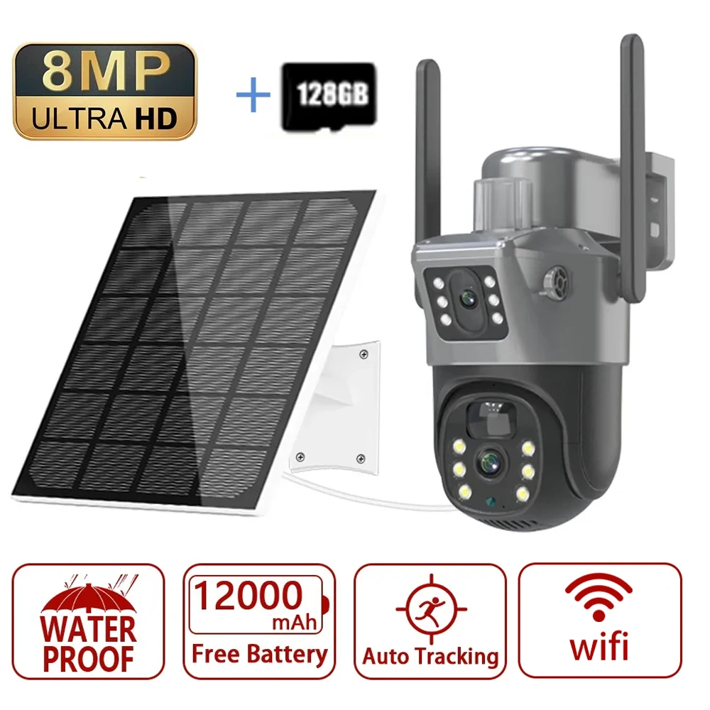 Cámara Solar 4K 8MP de Doble Pantalla, Inalámbrica, WiFi, PTZ, Doble Lente, Protección de Seguridad, Seguimiento Automático, Cámaras CCTV