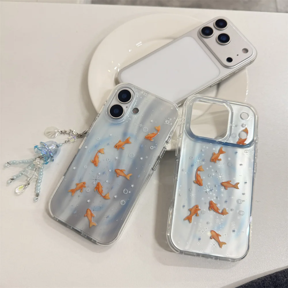 Cute Little Fish Pattern Silicone Phone case with Charm Kawaii Shockproof Cover for iPhone 13 14 15 16 Pro Max 17 Pro Cover Capa
