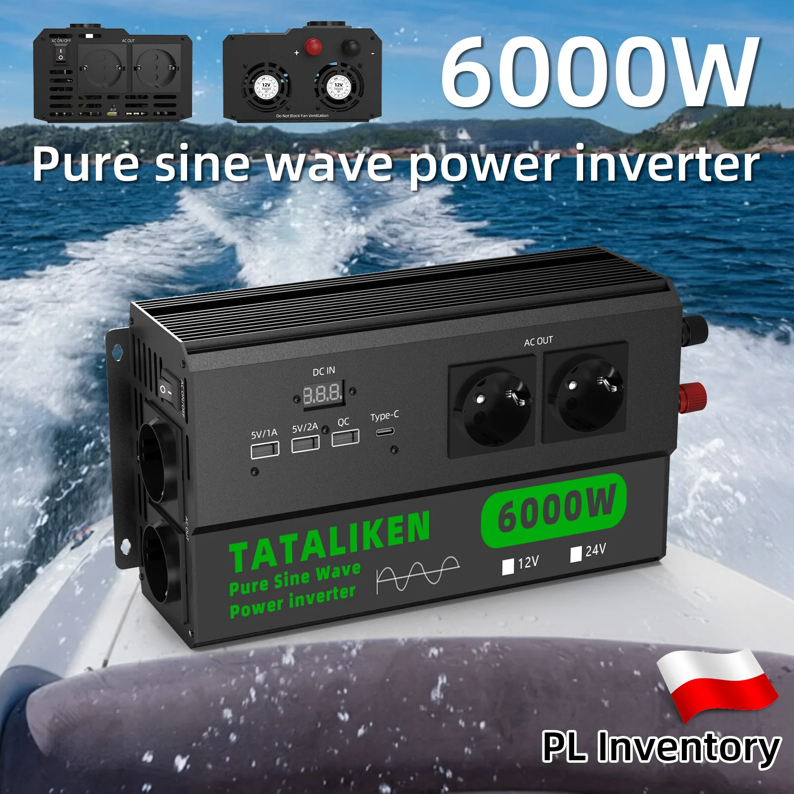 Wytrzymały, wysokowydajny przetwornik napięcia do samochodu, 4000 W/5000 W/6000 W, 12 V na 220 V, z inteligentnym wentylatorem o regulowanej temperaturze, wieloma portami USB do ładowania i gniazdem