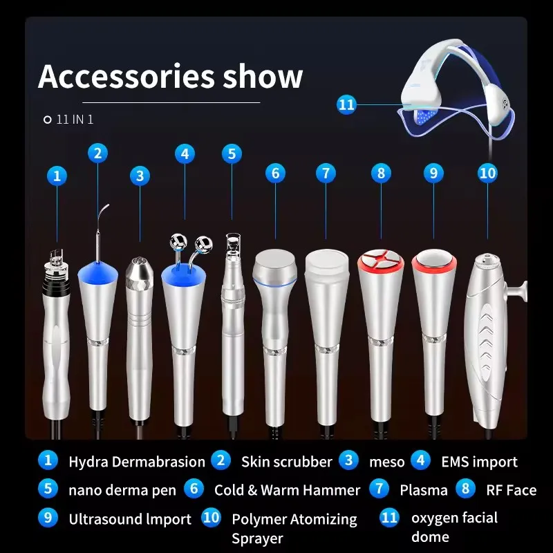 Multifunctional 11 in 1 Aesthetics Skin Cleaning Oxygen Facial Skin Rejuvenation Acne Treatment Ice-microwave Hydro for Spa