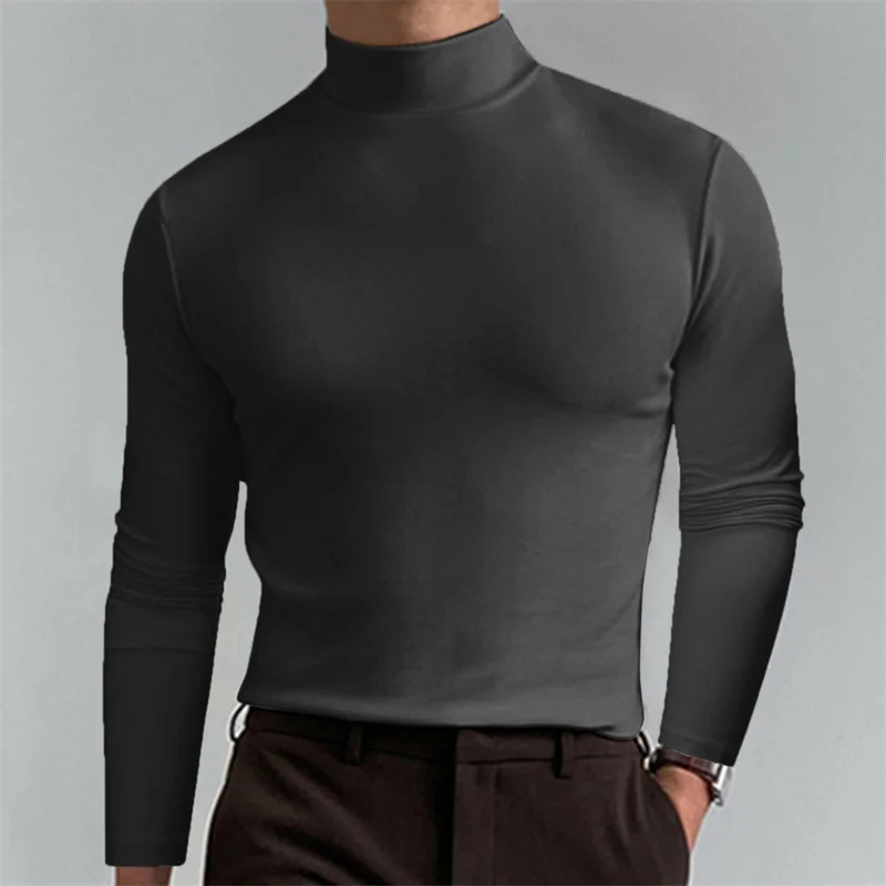 Men Casual Base T-shirts Long Sleeve High Neck Slim Elastic Thin Shirts Spring Autumn Fashion Simple Solid Color Daily Tops