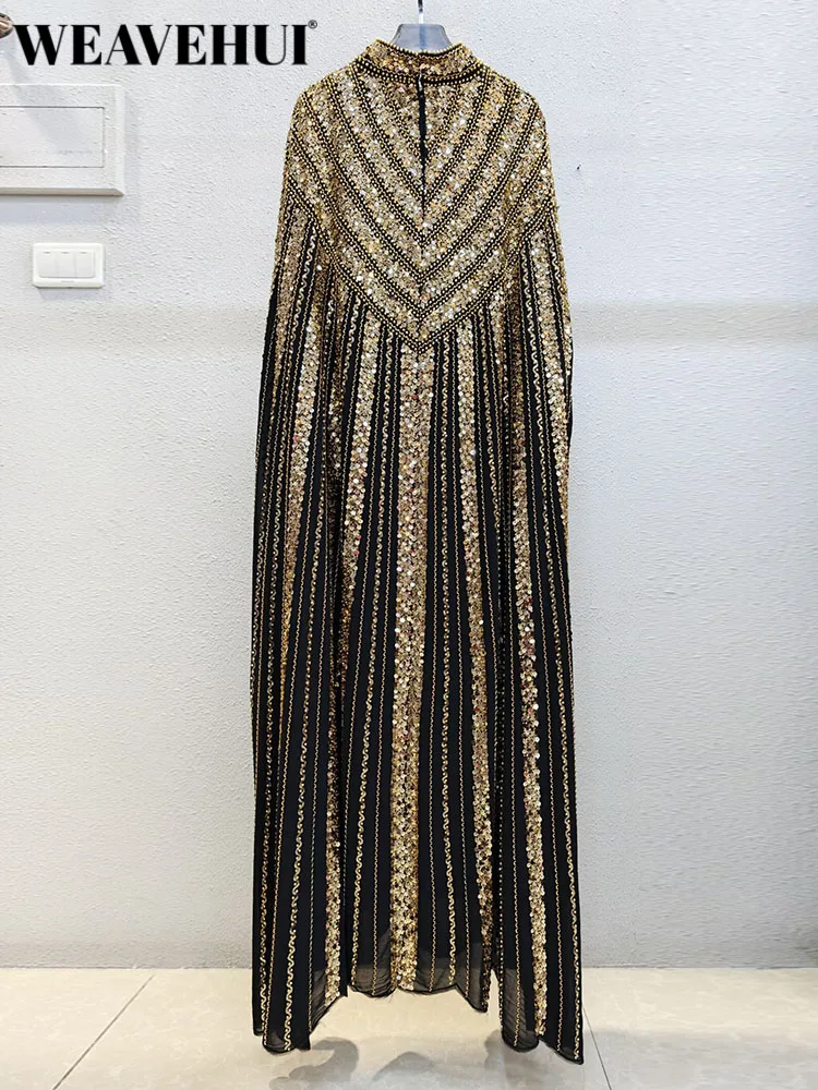 WEAVEHUI Women's Stand Collar Maxi Dress with Beading Sequins Embroidery Vintage Cloak Sleeves Spring Summer Party Female
