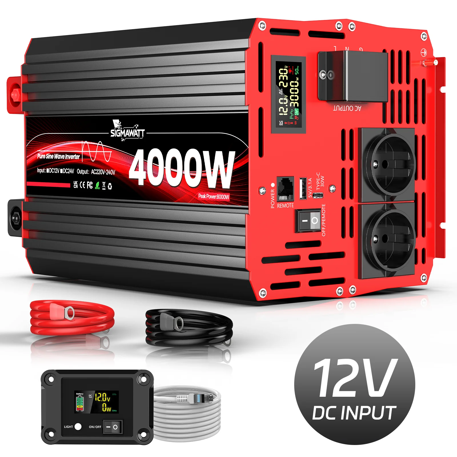 Zuivere Sinusgolf Omvormer DC 12V 24V AC 230V 4000W Nominaal 8000W Piekmacht LCD Afstandsbediening USB Type-C Auto voor Off-Grid Kamperen