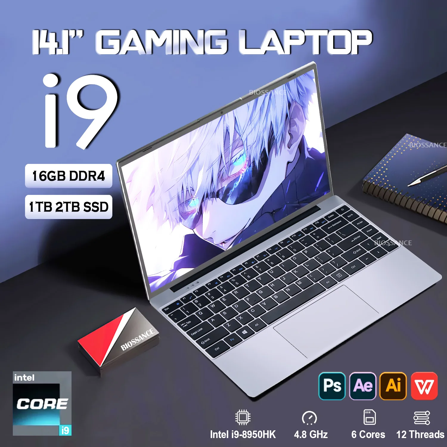 2025 ordinateur Portable de jeu 14.1 ''Windows 11 Intel Core i9 8950HK ordinateur Portable Ultra mince 16GB DDR4 1TB 2TB SSD 1920*1080 ordinateurs portables