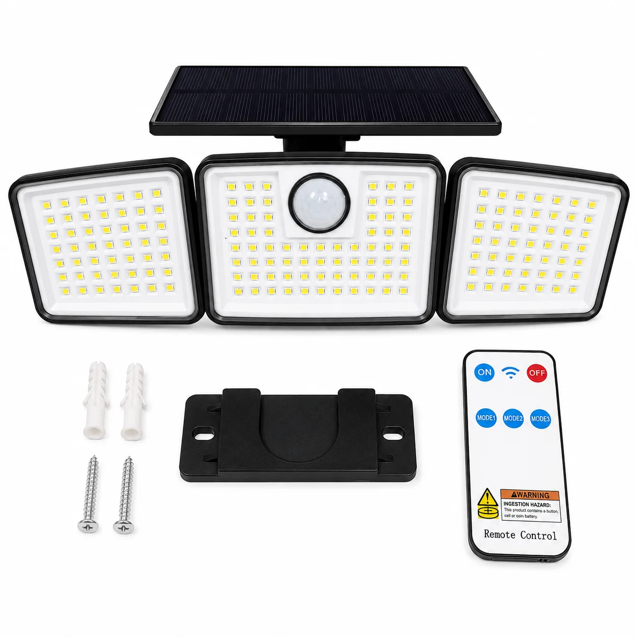 368LED Triple-Head Solar Powered Motion Sensor Outdoor Security Floodlight with Remote Control Waterproof Wall-Mounted Garden Lights for Garage Patio Garden Porch