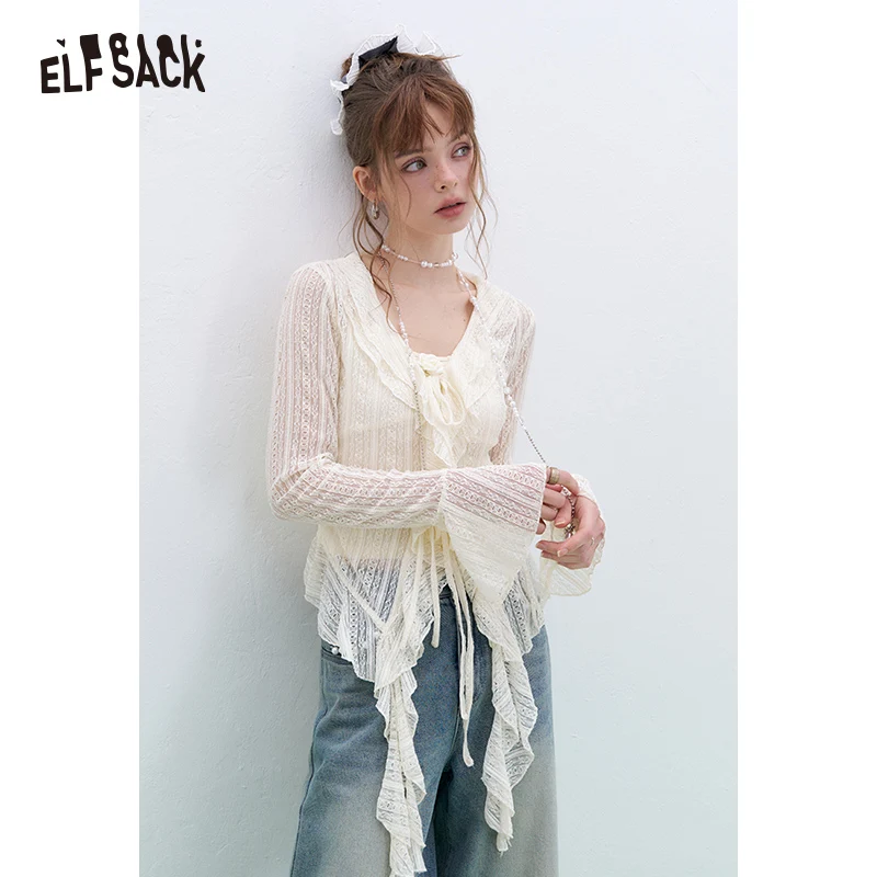 ELFSACK 2025 Spring New Arrivals French V-neck camisole lace shirt two-piece suit for women sexy sweet long sleeve top