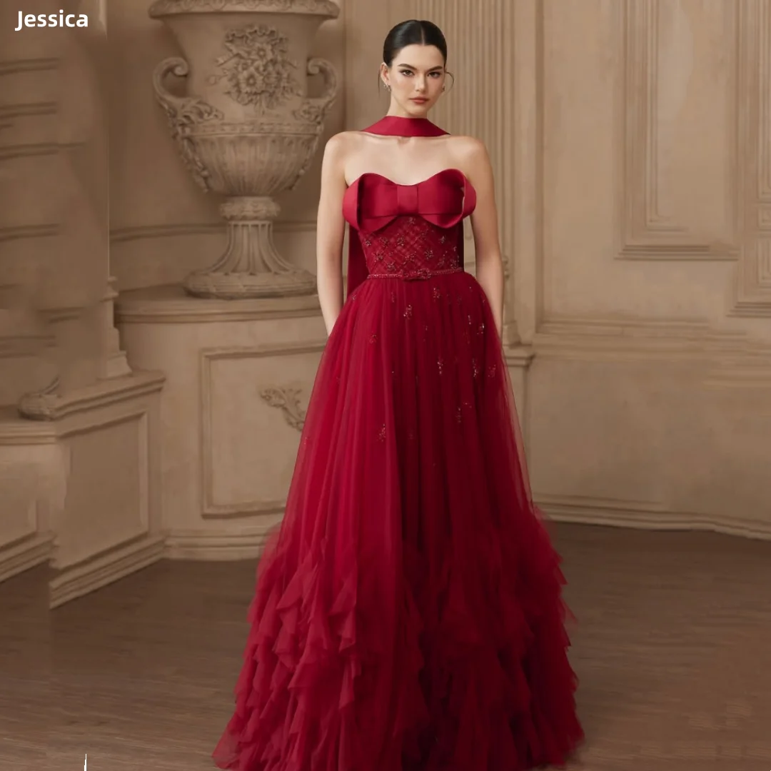 

Jessica Glitter Embroidery Evening Dresses Tulle Layering Prom Dresses Princess Strapless A-line Party Dresses Customized