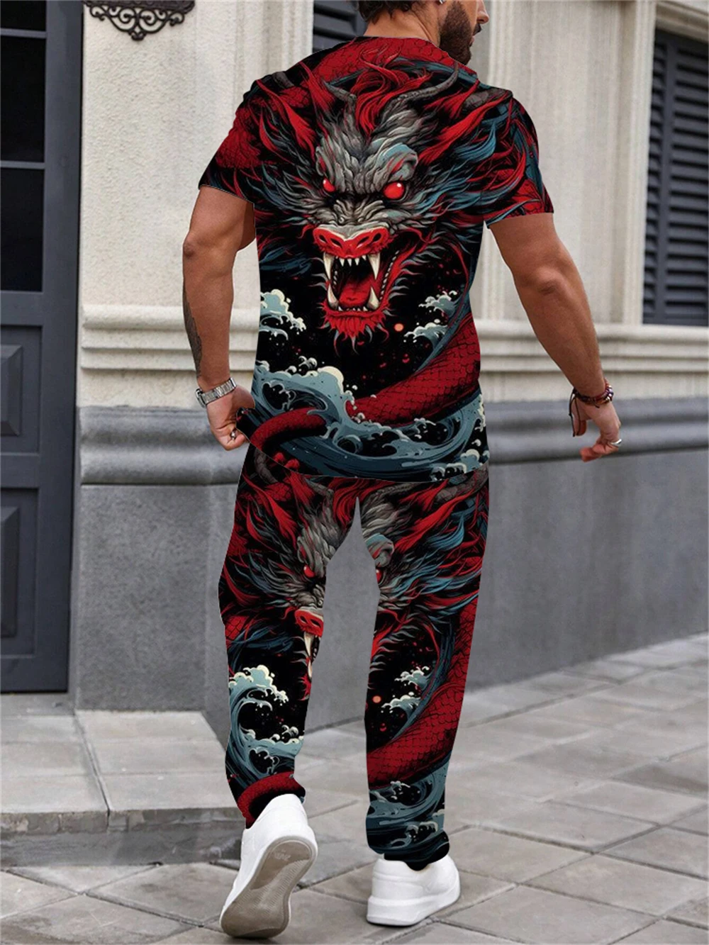 Men\'s Summer Casual T-shirt Short Sleeve Pants Two-piece Coiling Dragon 3D Printing Set Personalized Men\'s Fashion Clothing