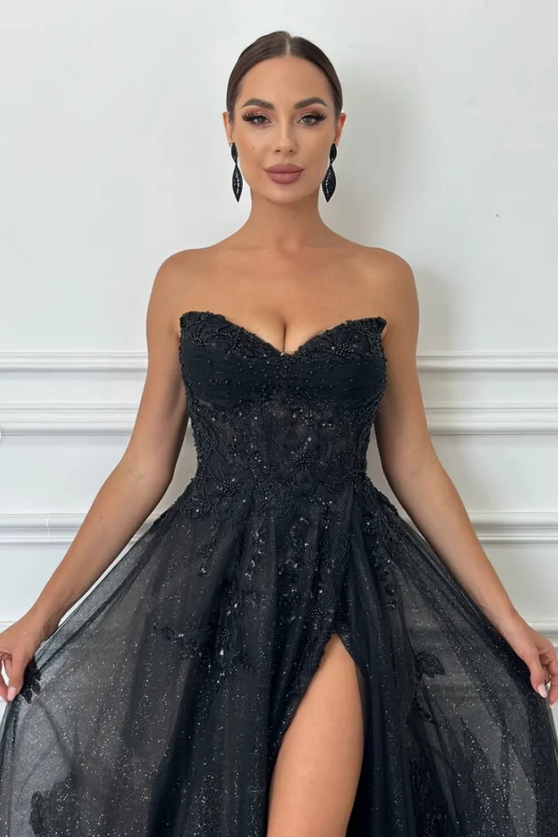 Jessica Glitter Beads Evening Dresses Black Tulle Prom Dresses Off-shoulder Side Slit Princess Dress Vestidos De Gala Customized