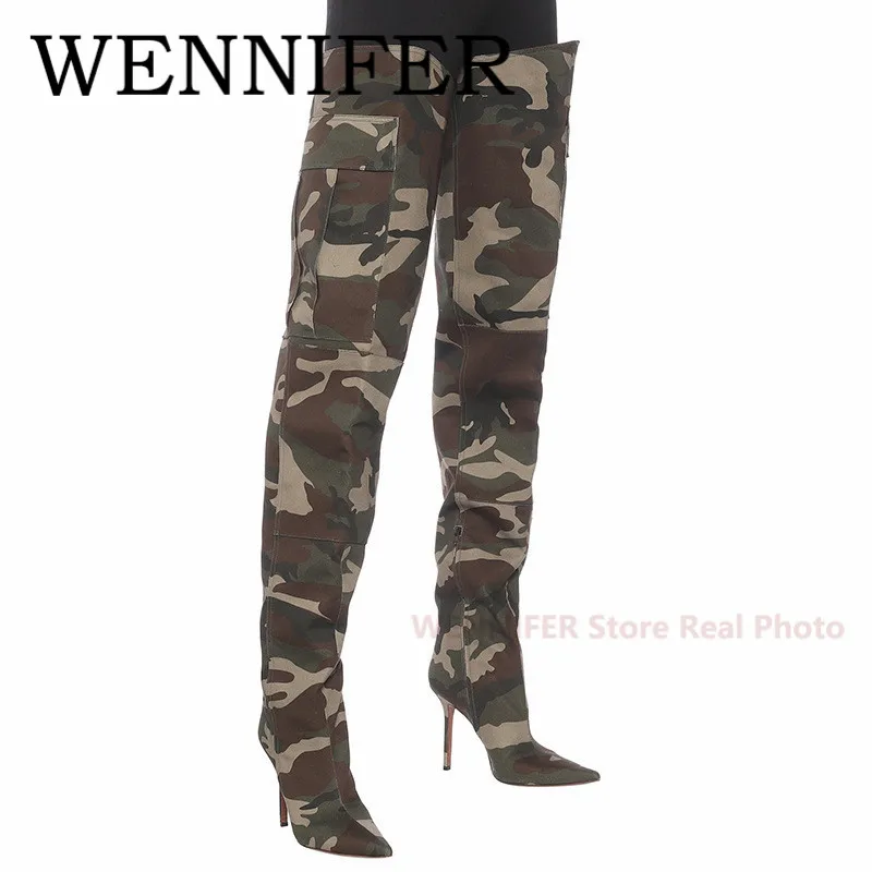 Winter Green Canvas Camo Long Boots Pointed Toe Carpo Wader Thigh-High Boot Women Army Combat Hight Stletto Heels Botas De Mujer