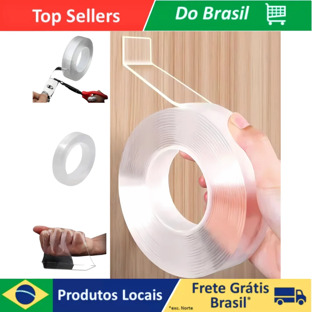 Fita Adesiva Dupla Face 5 Metros Extra Forte Transparente com NanoGel Silicone Magico Lavavel
