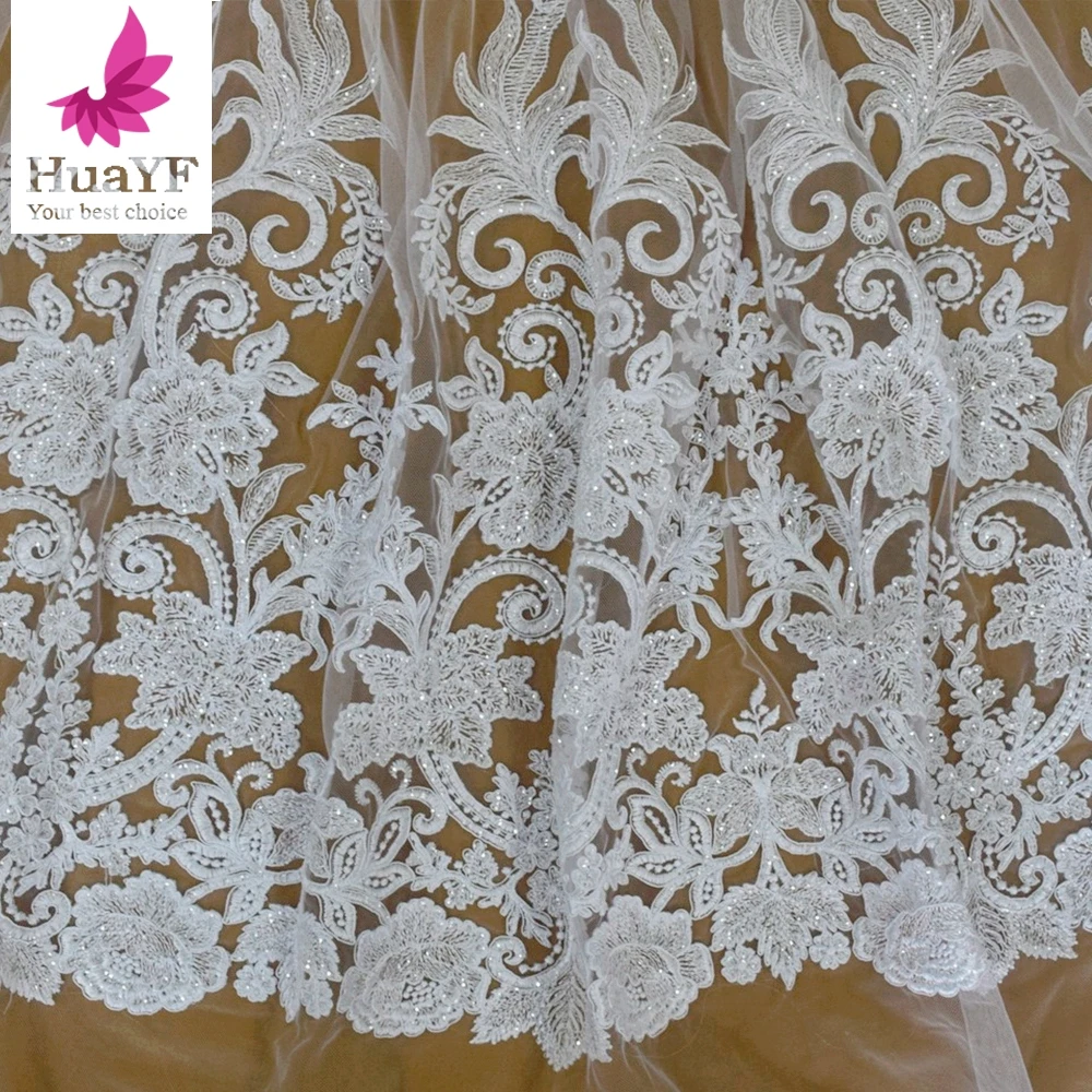 1 Yard Fashion Net Beads Lace Tulle Fabrics With Pearls Mixed Embroidery Wedding Dress Fabric HY1797-3