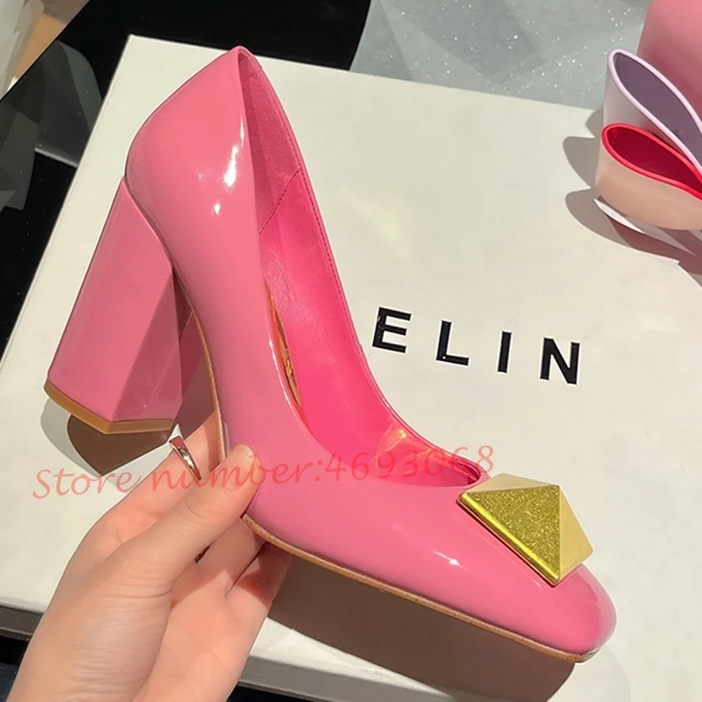 Metal Rivets Pink Women Pumps High Chunky Heels Dress Shoes Summer Square Toe Shiny Leather Pumps Fashion Office Ladies Pumps