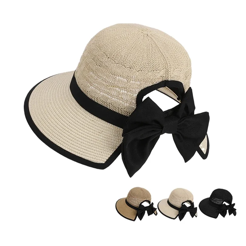 Chapeau d'été pour filles, polyvalent, avec nœud papillon, trou de queue de cheval, grand avant-toit, chapeau de soleil pour sortie en plein air, 8484