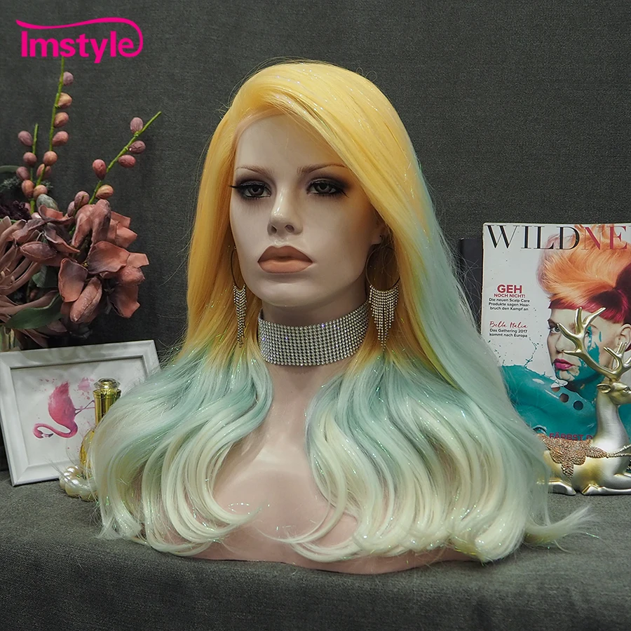 Imstyle Tinsel Wig Yellow Blue Synthetic Lace Front Wig Multicolor Ombre Wig Gorgeous Hair Party Wigs For Women