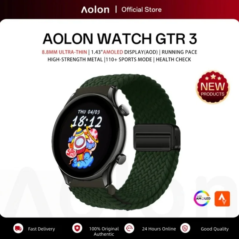 Aolon GTR3 Smart Watch 8.8mm Ultra-Thin 1.43" AOD AMOLED Bluetooth Call IP68 Waterproof 110+Sports Fitness Tracker 2026 New