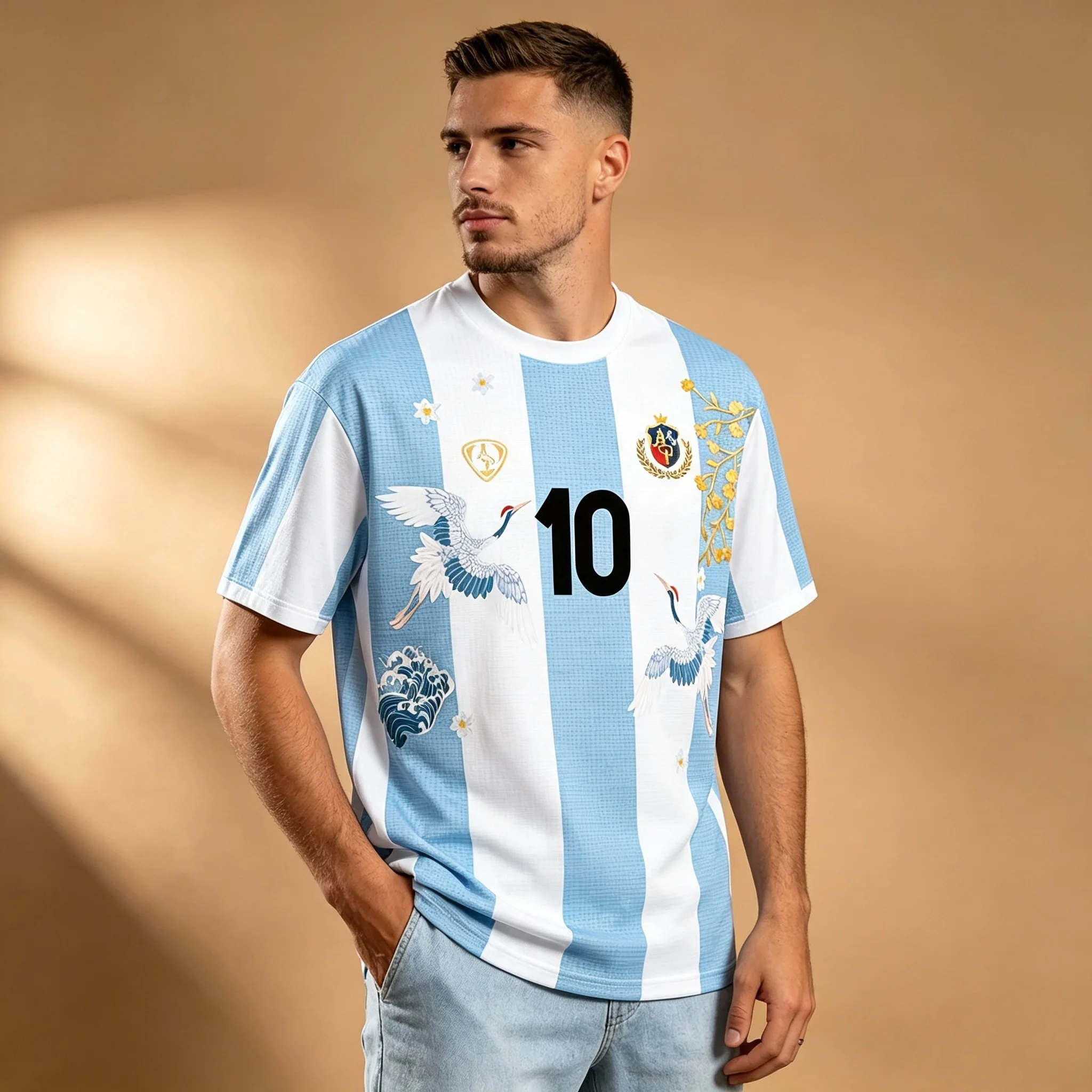 Vintage Argentina 10 Football T-shirt Blue White Striped Crane Wave Graphic Short Sleeve Men Sports Casual Jersey Tops