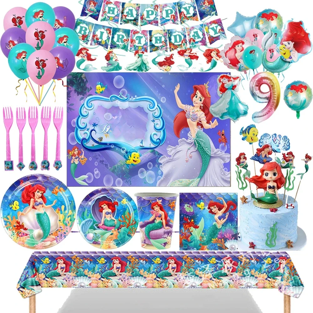 Décoration de fête d'anniversaire pour fille, sirène Ariel, princesse, vaisselle jetable, assiette, tasse, table pour réception-cadeau pour bébé, fournitures de fête