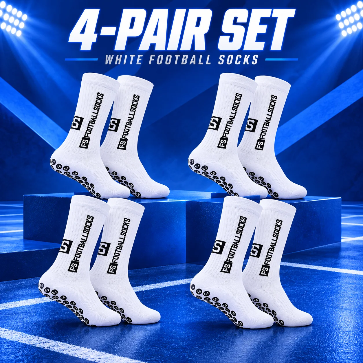 4 Pairs White Football Socks 8 Pcs Mid Calf Socks with Black Letter Pattern Dot Sole Ribbed Cuff for Sports Training Match