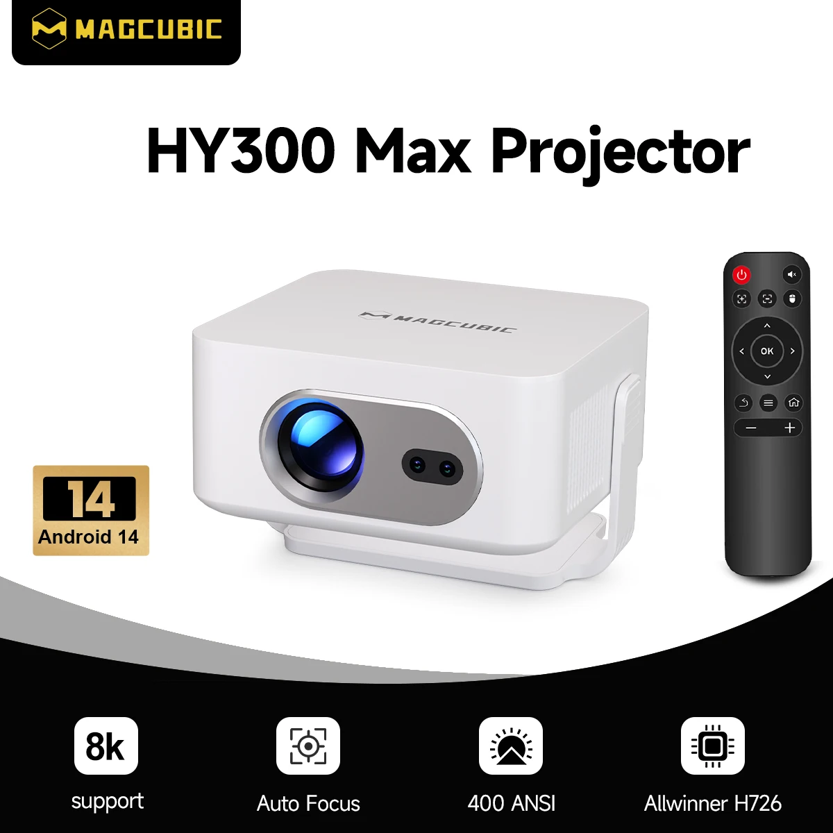 Magcubic Autofokus Android 14 4K Projektor 400ANSI 8K Native 720P HY300Max Mit Wifi6 BT5.4 Allwinner H726 Tragbarer Outdoor-Projektor