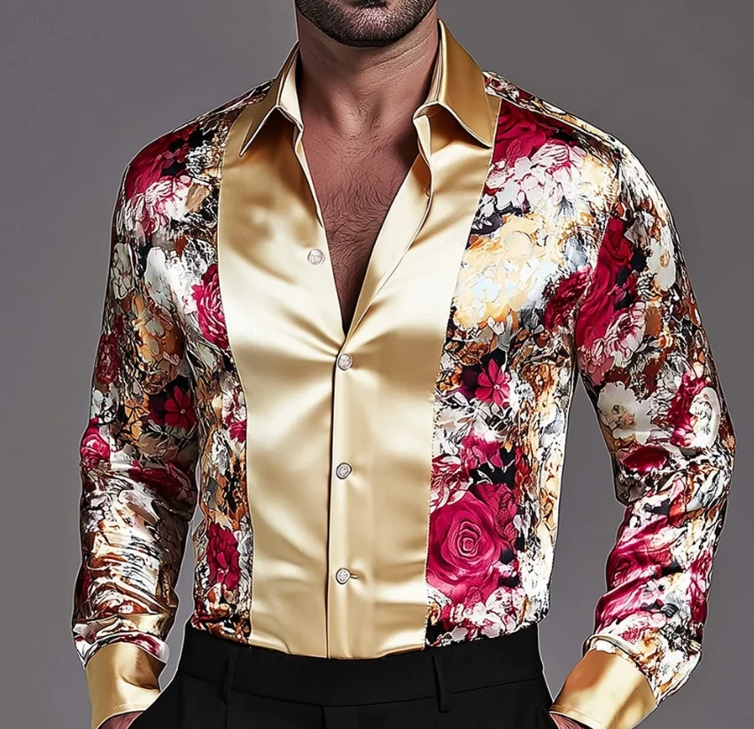 

Men's printed rose shirt satin shirt long sleeved retro vacation daily spring summer autumn lapel 3D printed button up shirt