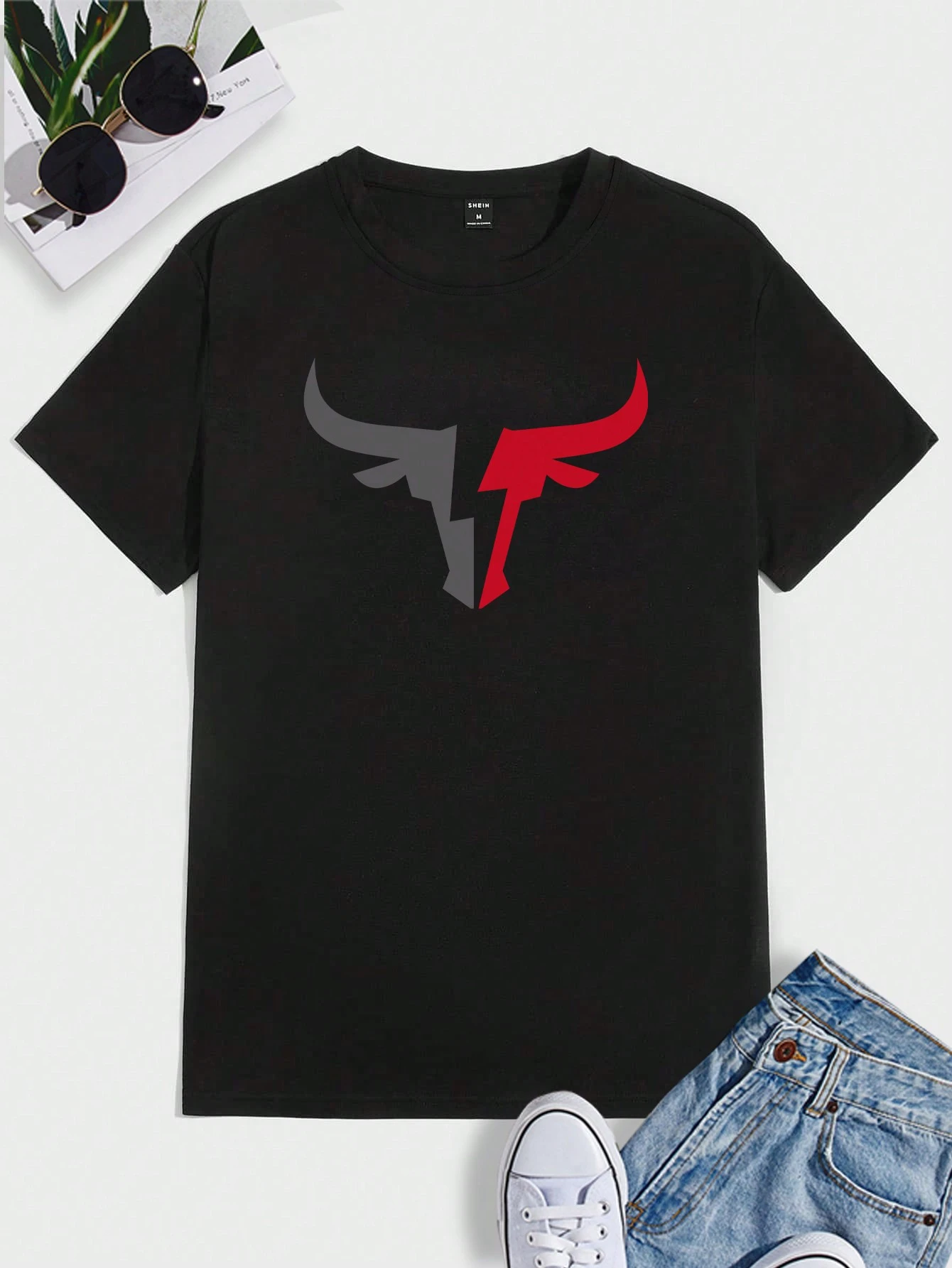 Homme Men Bulls Graphic Print Casual Short Sleeve Tee, For Going Out