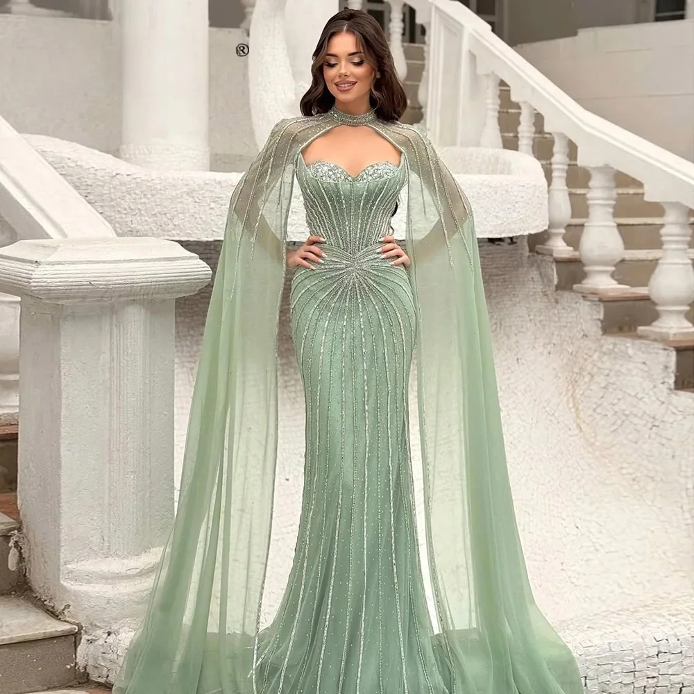 Elegante zeemeermin-avondjurk voor dames met capemouwen 2026 Dubai Arabia kralen lange formele gala- of bruiloftsjurk op maat gemaakt - afbeelding 2