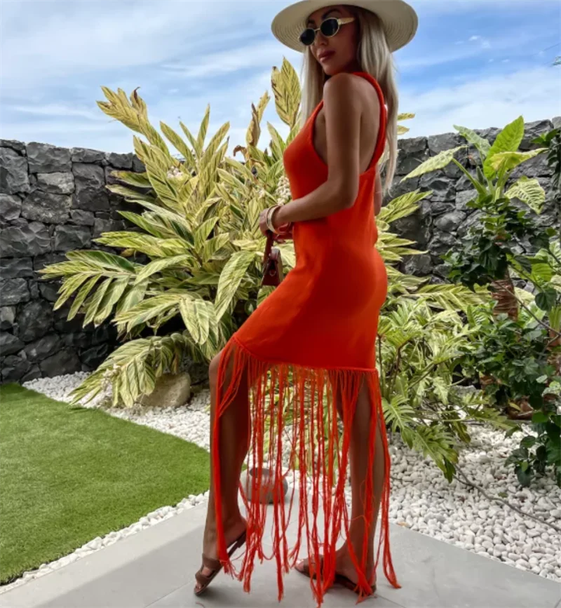 Frauen Sommer Sexy Tiefem V-ausschnitt Quaste Verband Kleid Lange Backless Häkeln Bikini Cover up Strand Badeanzug Sarong