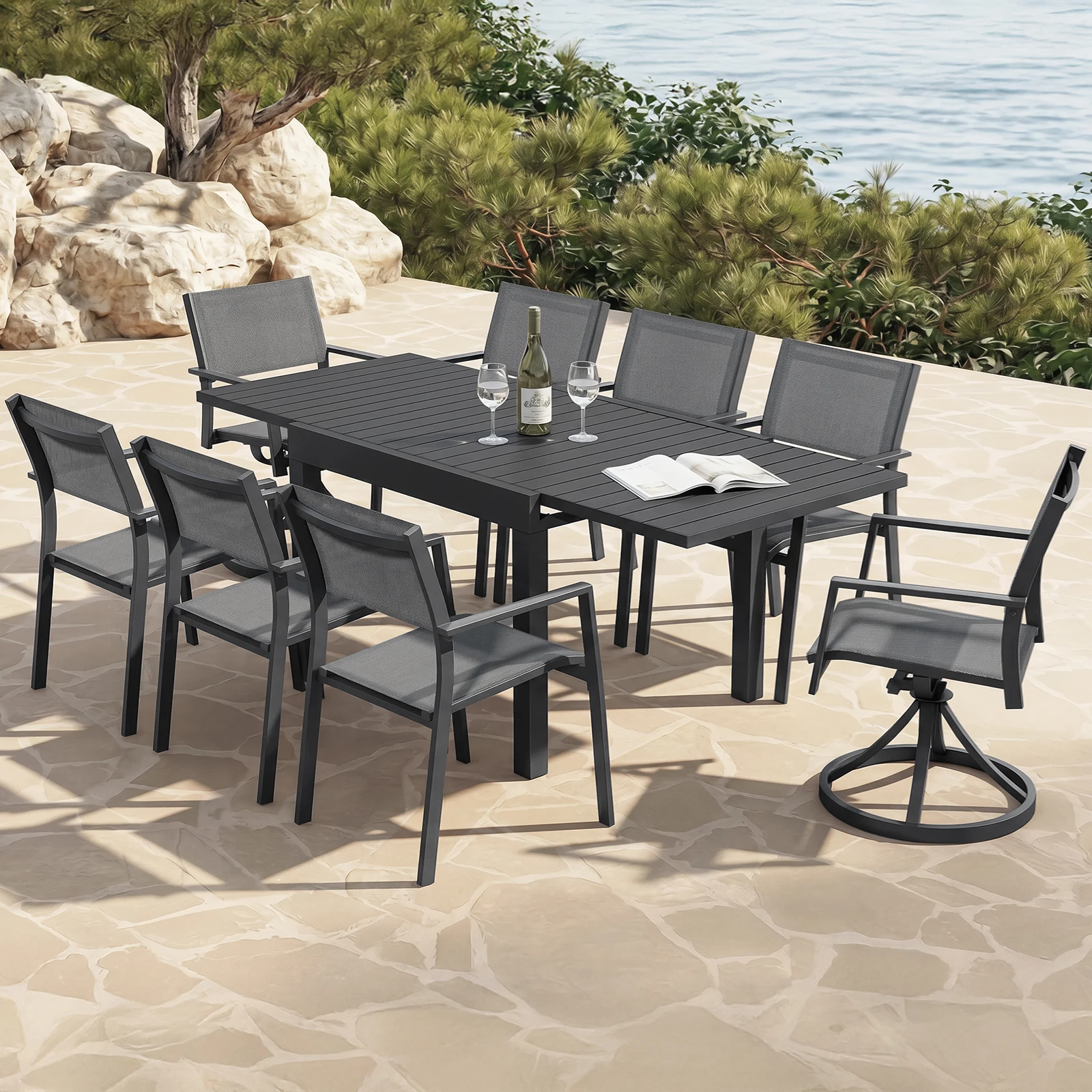 SEEHILL 9-Piece Extendable Patio Dining Set, Never-Rust Aluminum Outdoor Dining Set with 2 Swivel Chairs, Expandable Outdoor Dining Table and 6 Stackable Dining Chairs for Porch, Lawn, Garden, Black