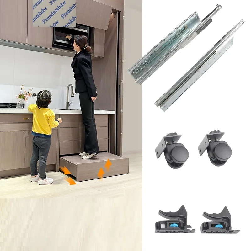 Conceal Push To Pop Out Step Stool For Kitchen Closet Rebound Full Extension Slide And Sit Lock Casters