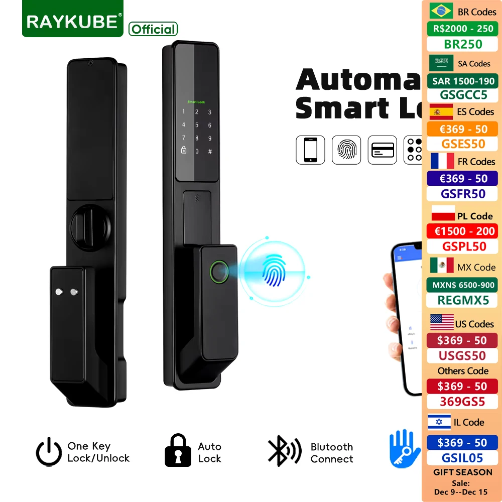 

RAYKUBE V1 TT Lock BLE Full-auto Advanced Electronic Fingerprint Smart Door Lock With TT Lock APP/NFC/ICCard/Password/Key Unlock