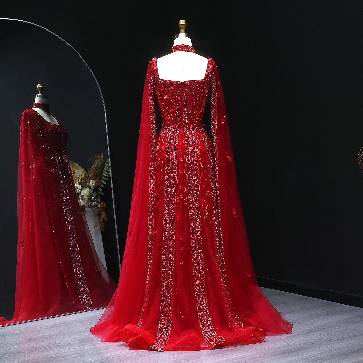 Sharon Said Elegantes Dubai Nude Arabisches Abendkleid mit Cape-Ärmeln Choker Weinrot Hochzeitsfeierkleider SS543 Maßanfertigung – Detail 36
