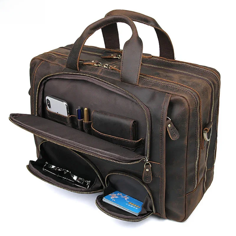 Wielofunkcyjny szalony koń prawdziwej skóry mężczyzna teczka 17 "Laptop torba biznesowa tote Vintage mężczyzna duża torba na ramię torba podróżna — zdjęcie 2
