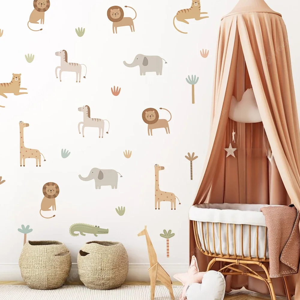 Dessin animé mignon Safari animaux Lion girafe éléphant pépinière Stickers muraux pour chambres d'enfants salon décor Stickers muraux papier peint