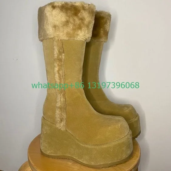 

Lady yellow suede fur designknee boots platform Y2K style footwear size 35-46 platform retro punkstyle boots daily high heels