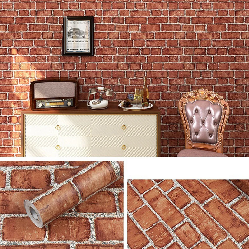 

45cm Retro Room Decor PVC Living Room Decoration Red Brown Brick Pattern Self-adhesive Wallpaper DIY Waterproof Wall Stickers