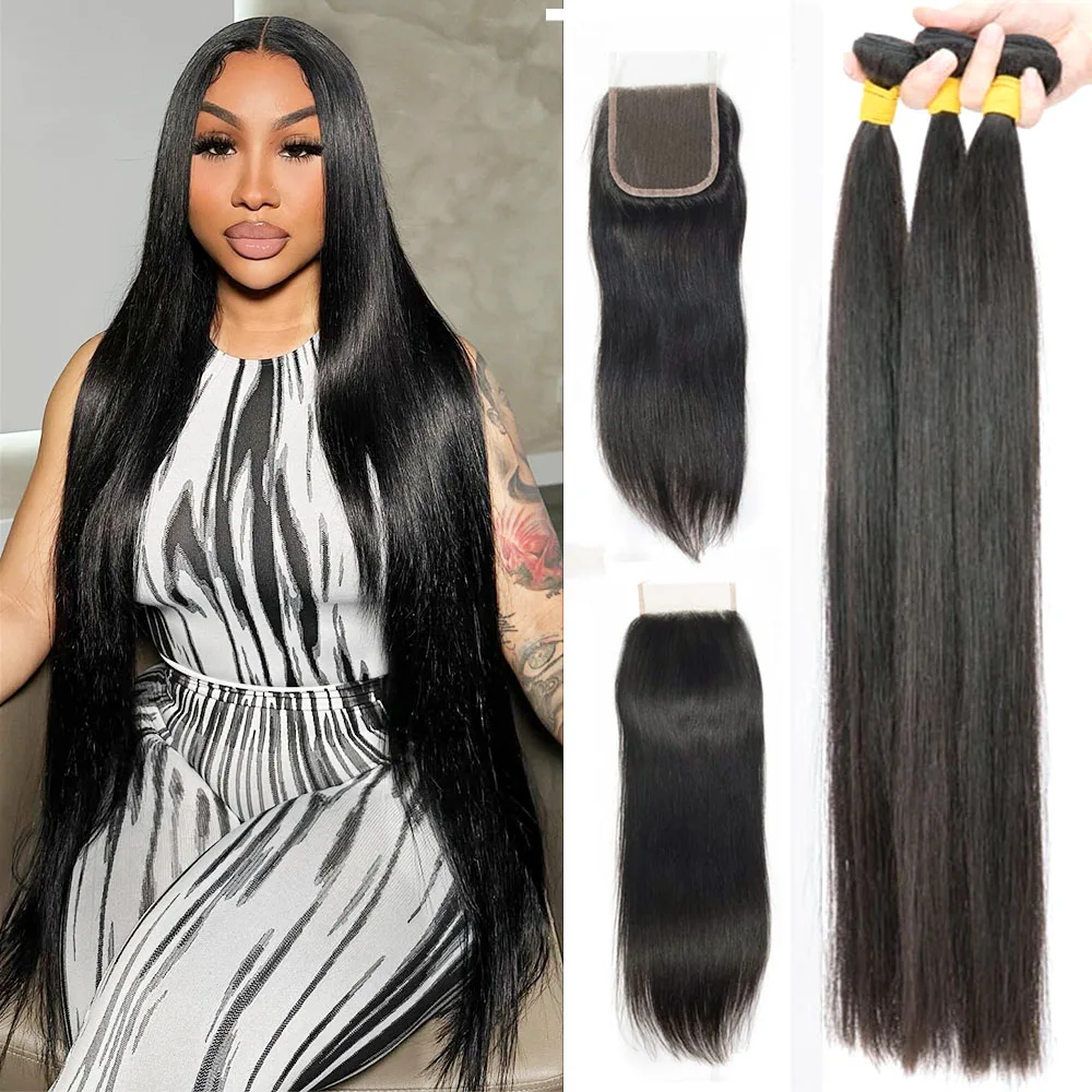 30 32 Inch Bone Straight Bundles with Closure Brazilian Double Drawn Raw Human Hair Bundles with Closure  3 Bundles with Closure