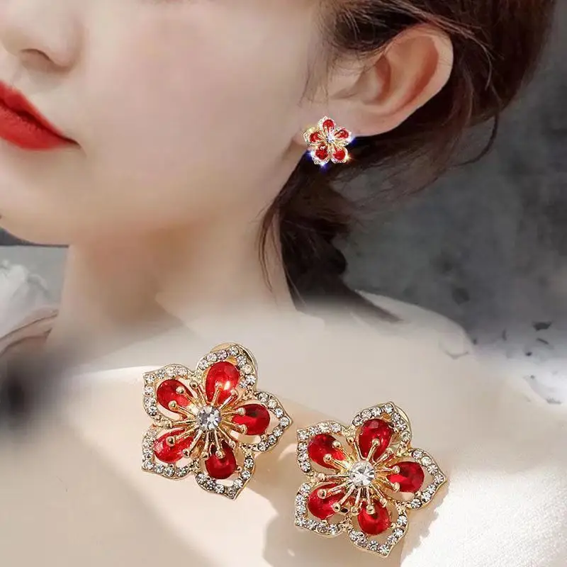 Elegant Crystal Zircon Red Rose Flower Stud Earrings Charm Colorful Rhinestone Earrings for Women Wedding Jewelry Gift