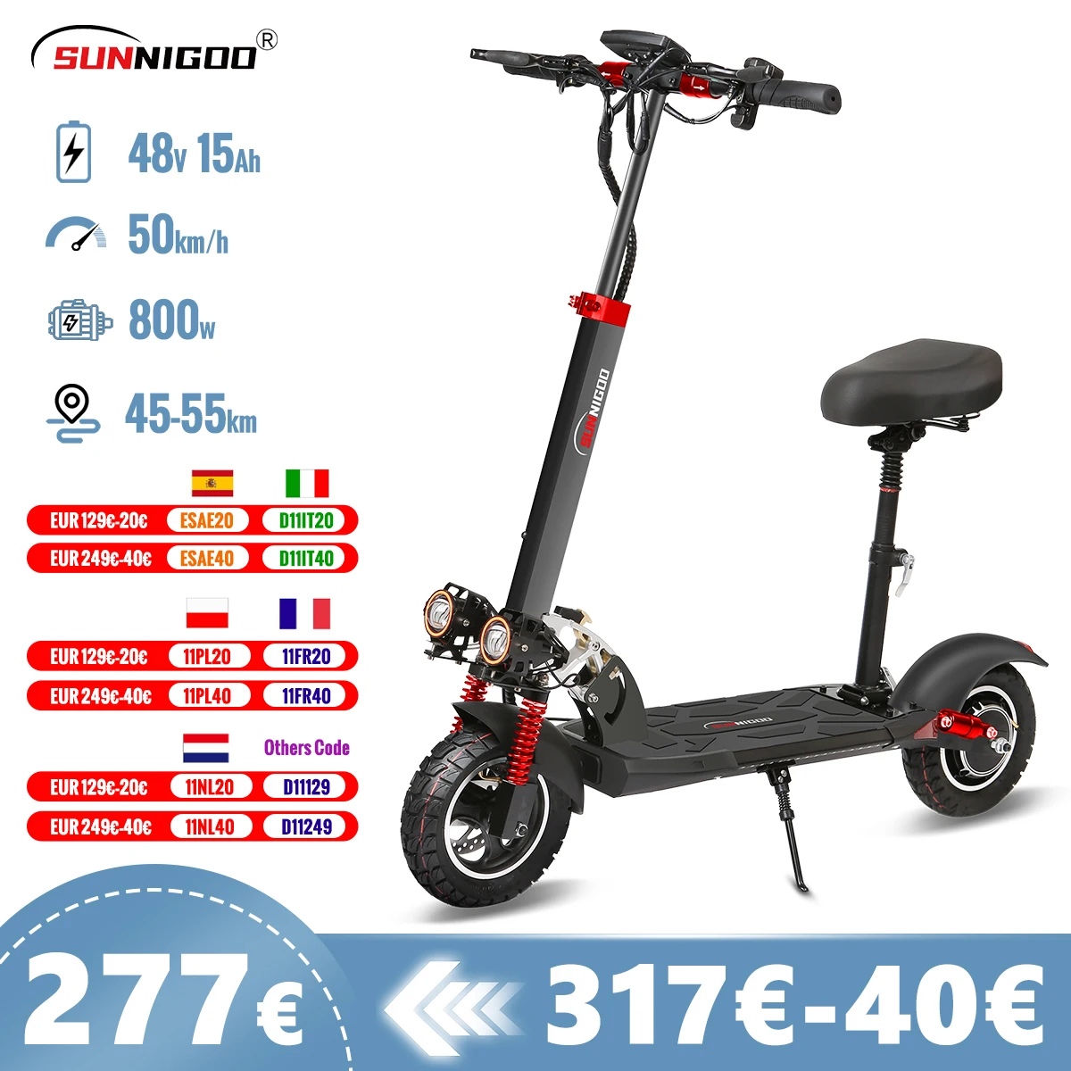 Electric Scooter With Seat 800W Max Speed 45-50km/h Range 35-55km 10inch Off-Road Tires Dual Shock Absorbing Folding EScooter